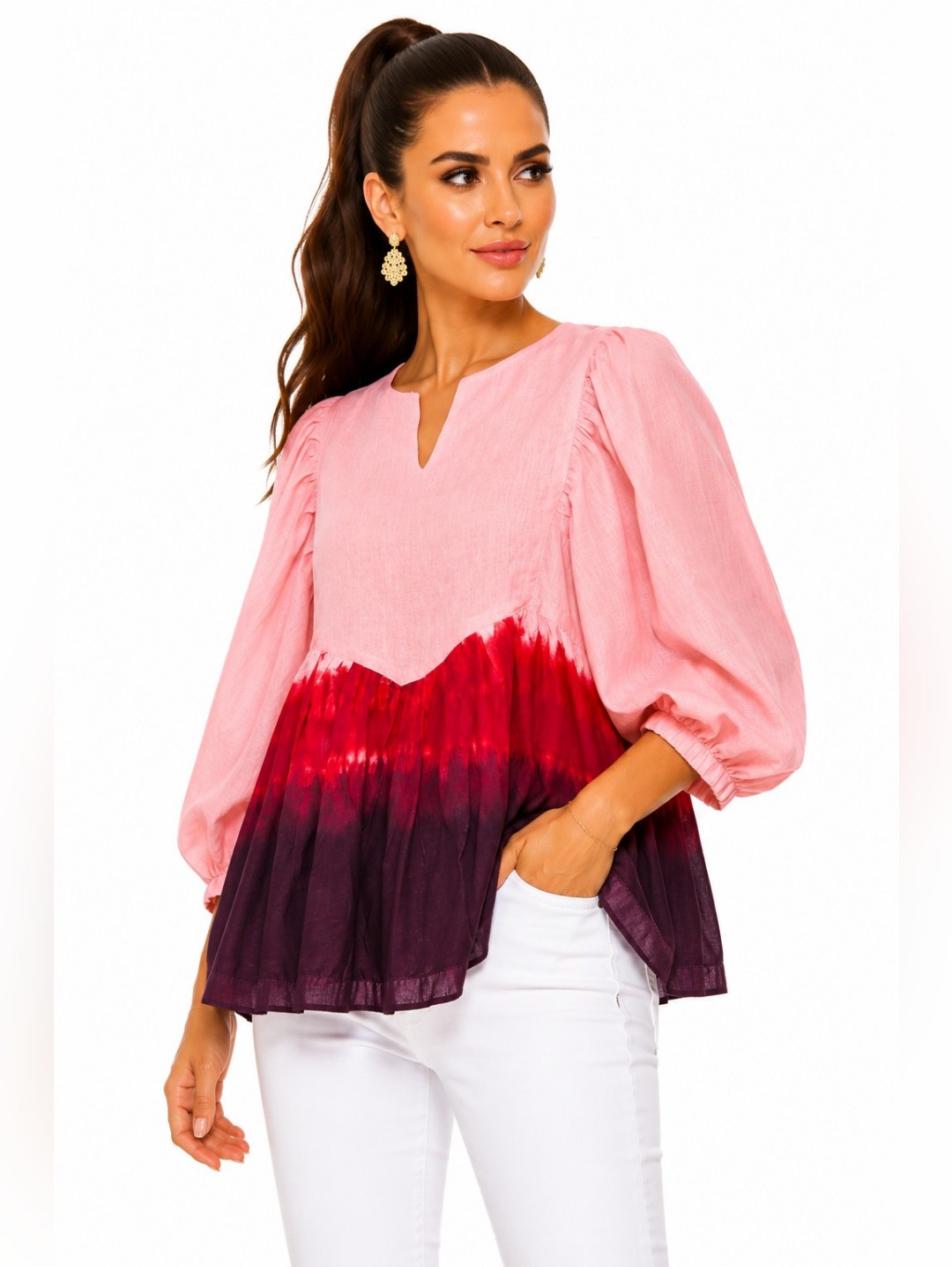Samantha Sung Anastasia Babydoll Tie Dye Blouse Soft Coral Burgundy Nwt Sz 4